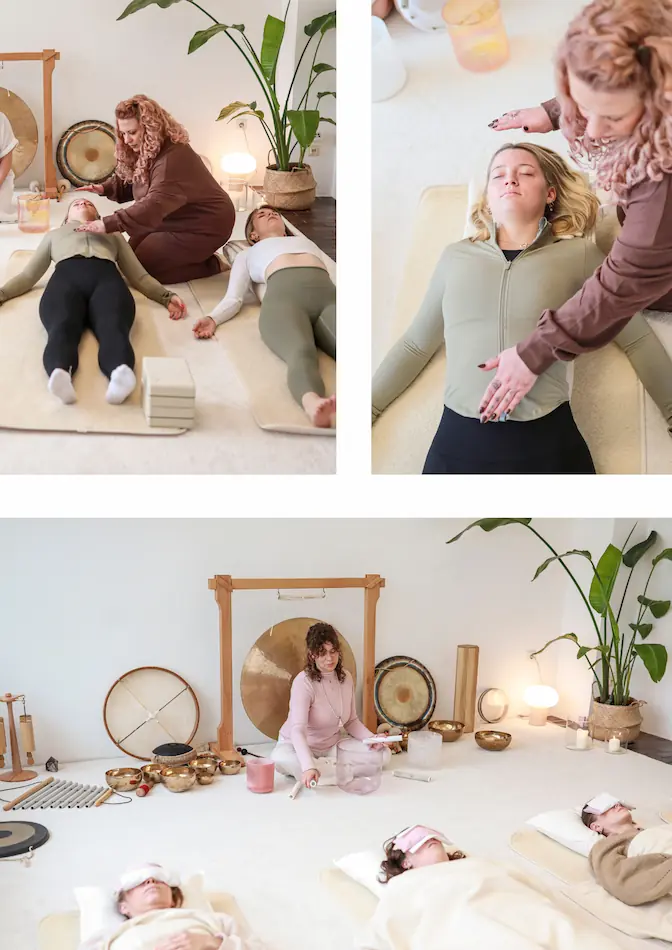Collage einer entspannten Yin-, Reiki- und Sound-Session mit Klangschalen, Gong und weiteren Instrumenten. Teilnehmerinnen liegen auf Matten, während sie begleitet werden und zur Ruhe kommen.