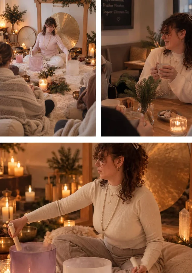 Neujahrs-Retreat mit Klangschalenmeditation in gemütlicher Atmosphäre. Teilnehmerinnen erleben Entspannung und Achtsamkeit bei Kerzenschein und gemeinsamen Ritualen.